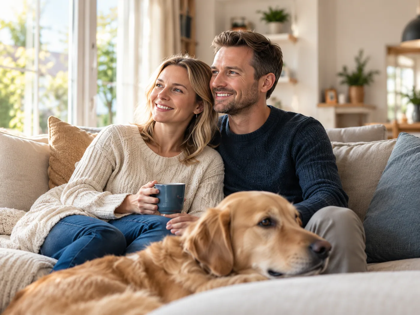 Paar mit Hund in einem hellen Wohnzimmer als Sinnbild für den Immobilienkauf