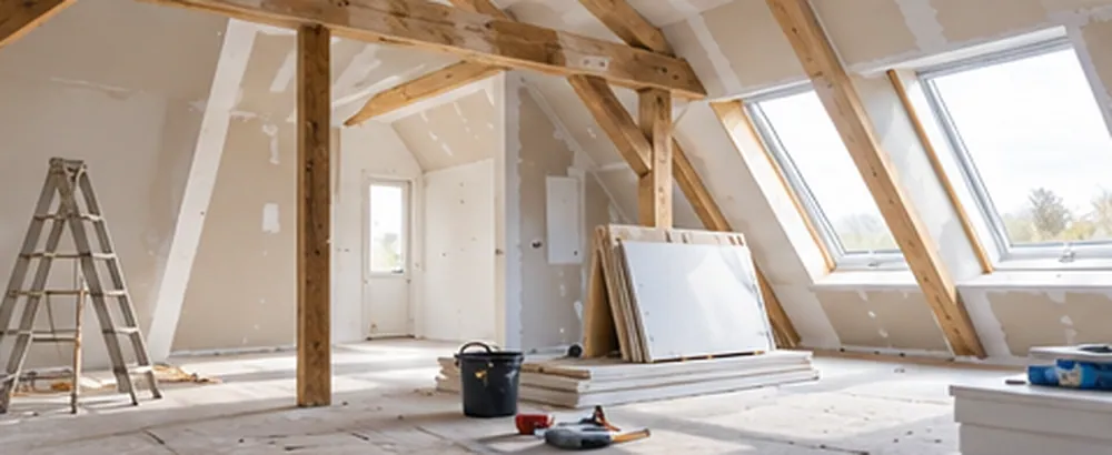 Heller Dachraum mit sichtbaren Holzbalken während einer Modernisierung