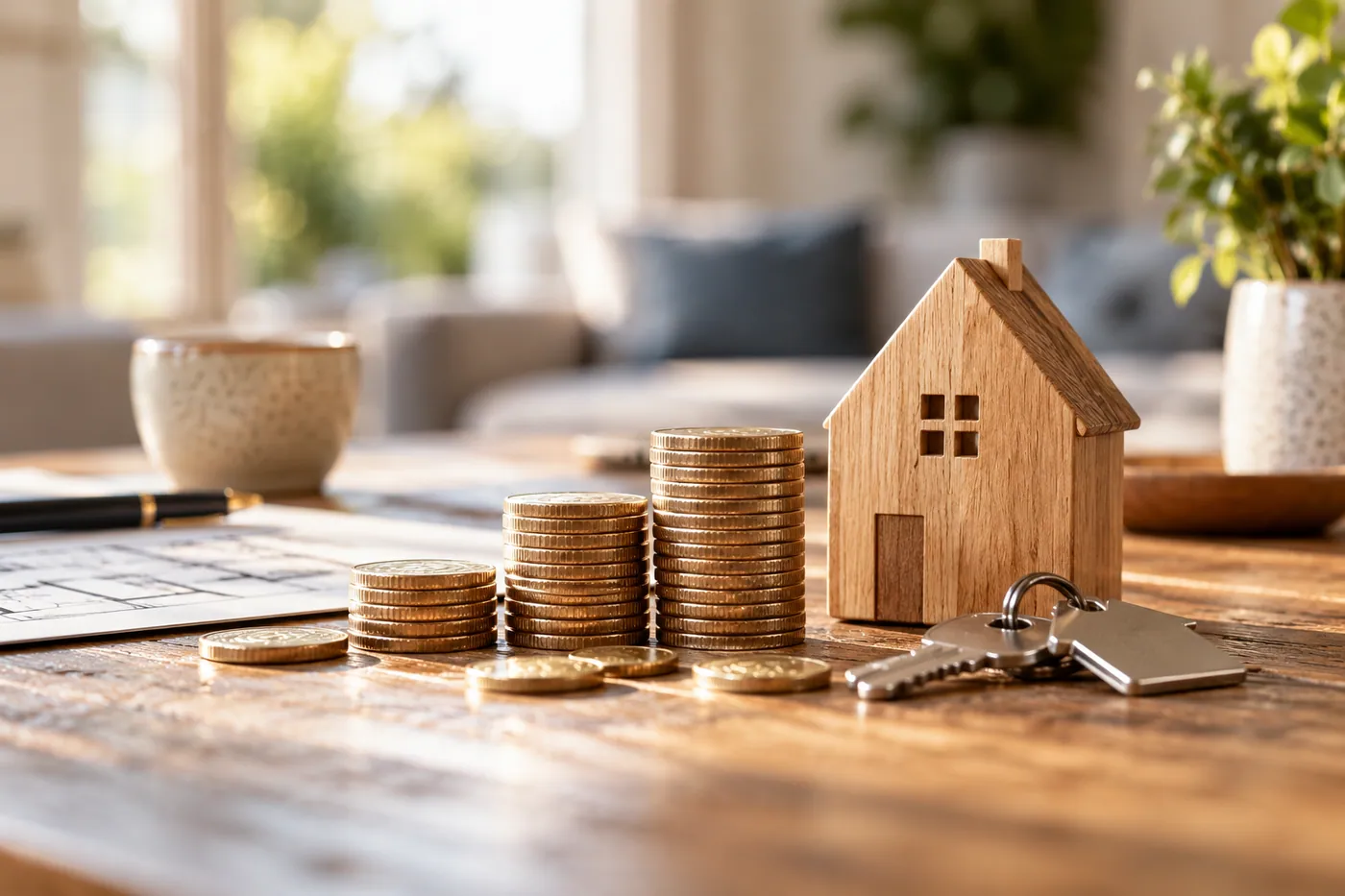 Holzhaus, Schlüssel und Münzstapel zur Veranschaulichung der Finanzierungsplanung