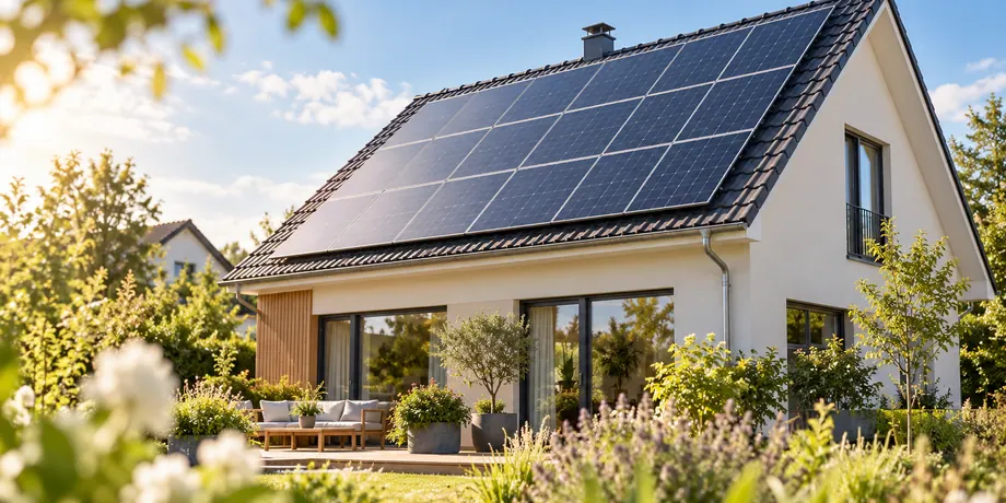 Modernes Wohnhaus mit Photovoltaikanlage auf dem Dach