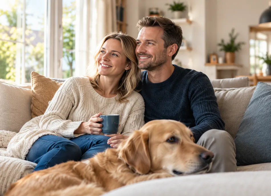 Paar mit Hund im Wohnzimmer als Symbol für das eigene Zuhause